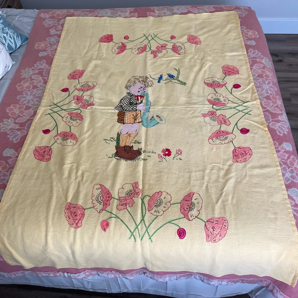 Adorable Vintage Yellow Embroidered Tablecloth Runner with Boy Playing Saxophone